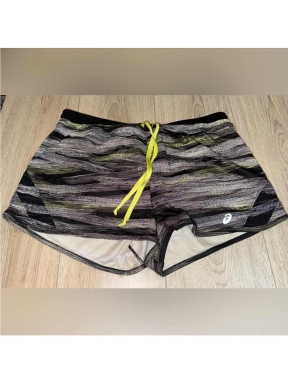 ASICS Women's Black & Gray Striped Running Shorts with Yellow Drawstring